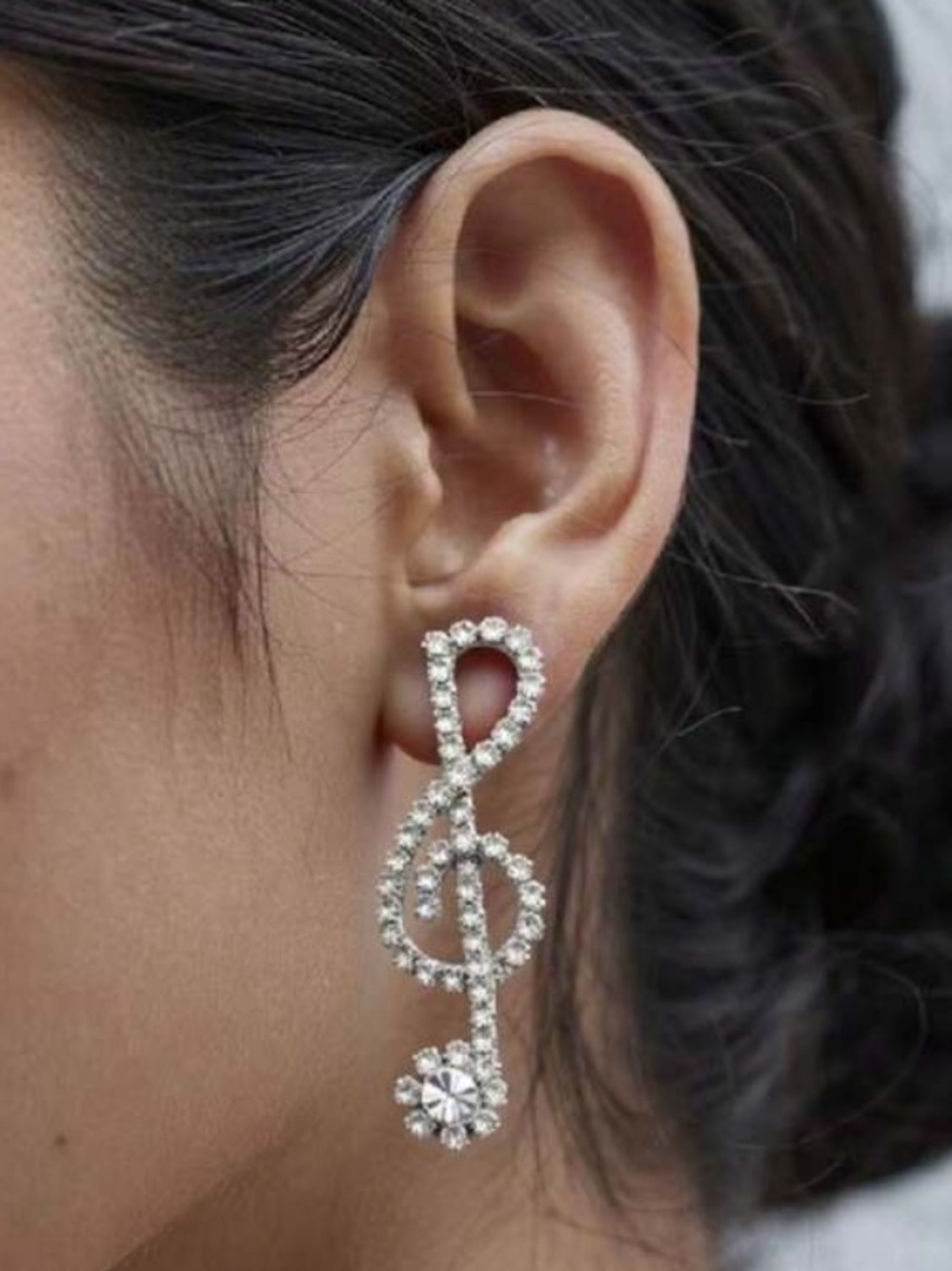 Crystal Treble Clef Drop Earrings - Silver Tone